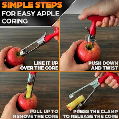 Apple Corer Tool - Apple Core Remover with Ergonomic Red Handle, Durable Food-Safe Stainless Steel 7.3" Fruit Corer for Apples, Peppers, Tomatoes, Cupcakes, Spring Baking & Summer Pies, Easy to Clean