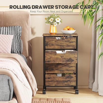 Rolling Cart with Drawers, Wooden Top and Front, with Wheels Metal Under Desk Storage Cart with 4 Drawers, for Office, Bedroom, Classroom, Home, Rustic Brown