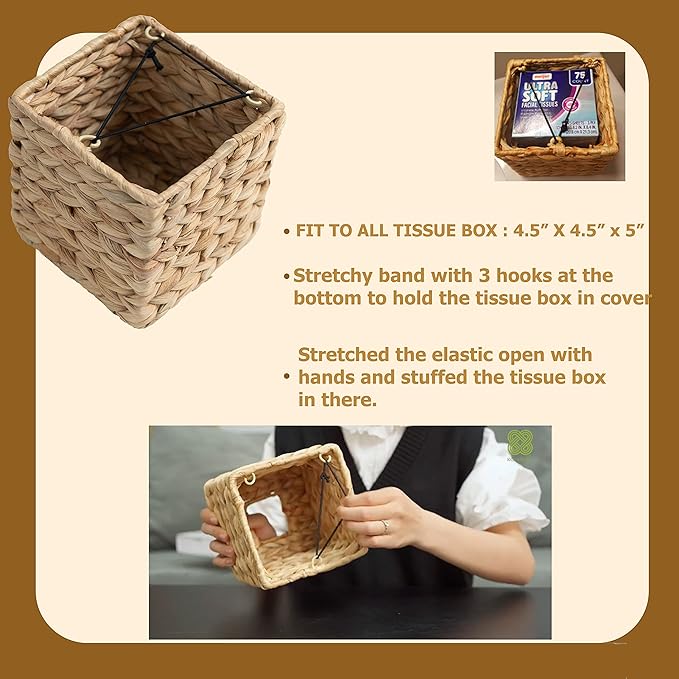 KOLWOVEN Square Tissue Box Cover- 5.7" x 5.7" x 5"- Decorative Woven Facial Tissue Holder with Hinged Top Lid- Facial Box for Home, Office,Bathrooms, Decoration (Square- Set 2)