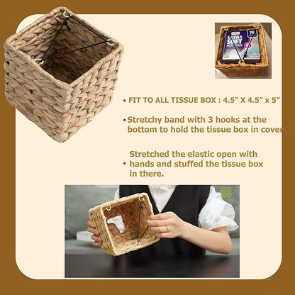 KOLWOVEN Square Tissue Box Cover- 5.7" x 5.7" x 5"- Decorative Woven Facial Tissue Holder with Hinged Top Lid- Facial Box for Home, Office,Bathrooms, Decoration (Square- Set 2)