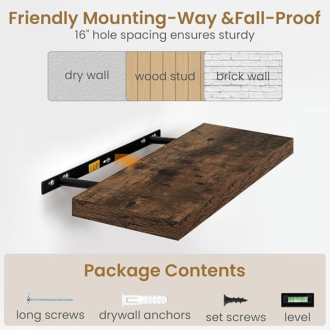 Fun Memories 40" W x 9.3" D Floating Shelves for Wall, Deep Long Floating Shelf for Home Bathroom, Bedroom, Living Room, Rustic Wood Wall Mounted Shelves for Books Decor, Rustic Brown