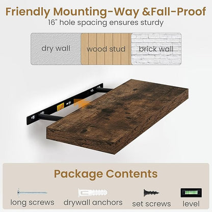 Fun Memories 40" W x 9.3" D Floating Shelves for Wall, Deep Long Floating Shelf for Home Bathroom, Bedroom, Living Room, Rustic Wood Wall Mounted Shelves for Books Decor, Rustic Brown