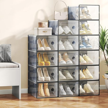 Sweetcrispy Shoe Storage Boxes, Clear Plastic Stackable Shoe Rack Organizer with Lids for Closet, Foldable Sneaker Container, Under Bed and Entryway, 15 Pack, Black