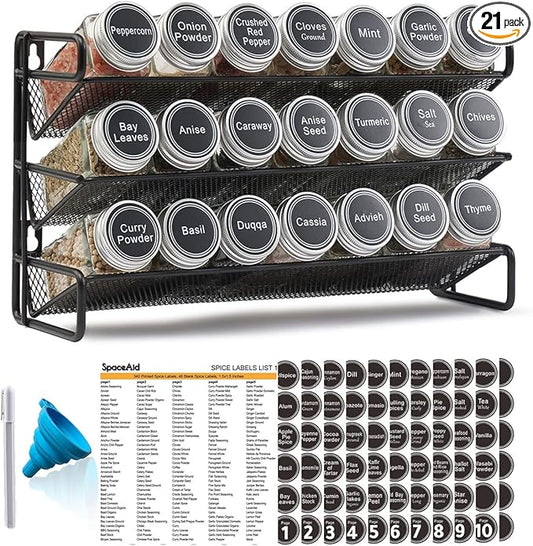 SpaceAid Spice Rack Organizer with 21 Spice Jars, 386 Spice Labels, Chalk Marker and Funnel Set for Cabinet, Countertop, Pantry, Cupboard or Door & Wall Mount - 21 Jars, 13.4" W × 9" H, Black