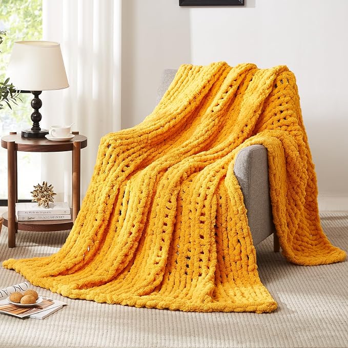 L'AGRATY Chunky Knit Blanket Throw: 72''x84'' Chenille Chunky Knitted Throw Blankets for Bed Couch - Handmade Thick Big Cable Knit Blanket - Large Crochet Rope Blankets for Home Decor(Yellow)