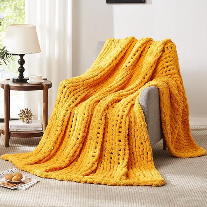 L'AGRATY Chunky Knit Blanket Throw: 80''x90'' Chenille Chunky Knitted Throw Blankets for Bed Couch - Handmade Thick Big Cable Knit Blanket - Large Crochet Rope Blankets for Home Decor(Yellow)