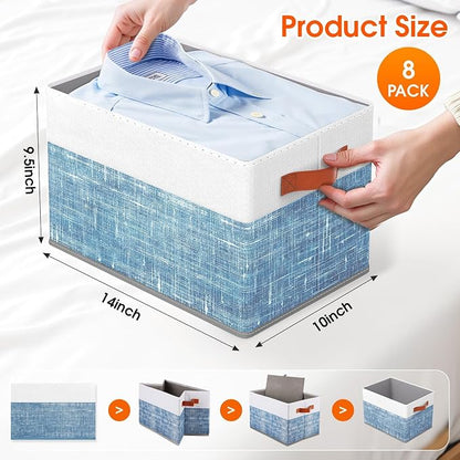 Fab totes Collapsible Storage Baskets for Shelves,14"x10", 8 Pack Foldable Fabric Storage Bins with Double Leather Handles, Large Baskets for Organizing Books, Clothes, White & Blue