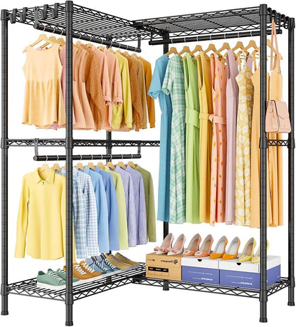 E15 Garment Rack L Shaped Clothes Rack for Corner，Freestanding Clothing Racks for Hanging Clothes，Heavy Duty Closet Organizer with 4 Hanging Rods & 8 S Hooks，43.4" W x 15.8" D x 78.4" H，Black
