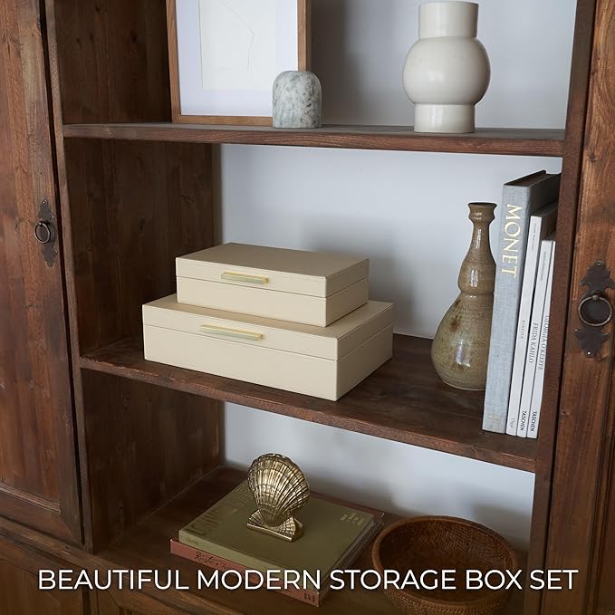 ZICOTO Decorative Storage Boxes with Lids – Set of 2 Beautiful PU Leather Organizer Bins for Your Bookshelf Home Decor - Safely Store Photos, Documents and Memory Box Keepsakes in Style