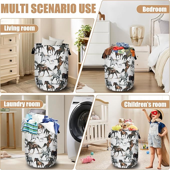 Watercolor Horse Laundry Basket, Foldable Waterproof Laundry Hamper Tote Bag Dirty Clothes Storage Bucket Toy Organizer for Bathroom/Laundry/Bedroom 15.7"x19.6"