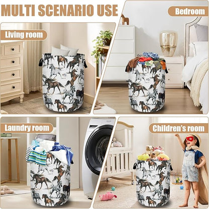 Watercolor Horse Laundry Basket, Foldable Waterproof Laundry Hamper Tote Bag Dirty Clothes Storage Bucket Toy Organizer for Bathroom/Laundry/Bedroom 15.7"x19.6"