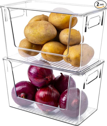 2 Pack Large Stackable Storage Bins, Plastic Container Organizer with Open Front, Pantry Organizers and Storage for Potato, Onion, Fruit and Vegetable, Clear Kitchen Laundry Organizer with Lid