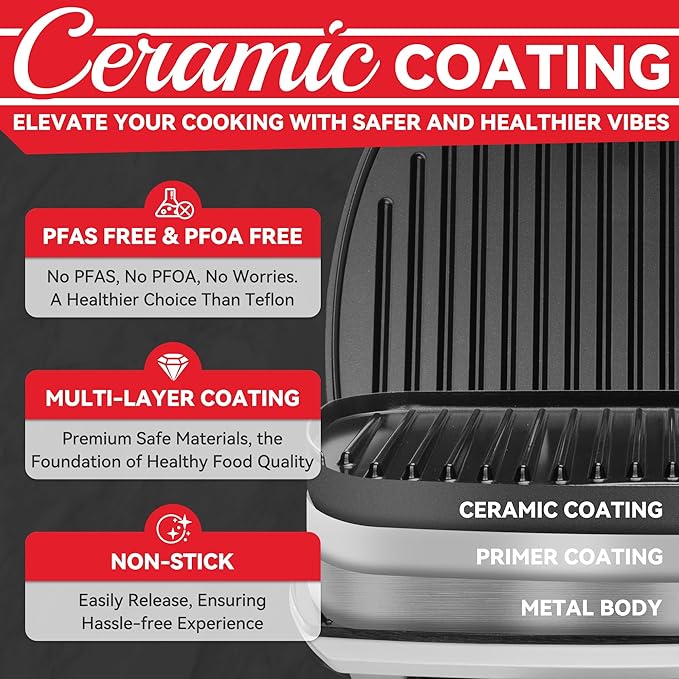 Family-sized Contact Grill, 6-Serving Electric Indoor Grill with Adjustable Temp Control, Ceramic Coating, 1500W, Silver