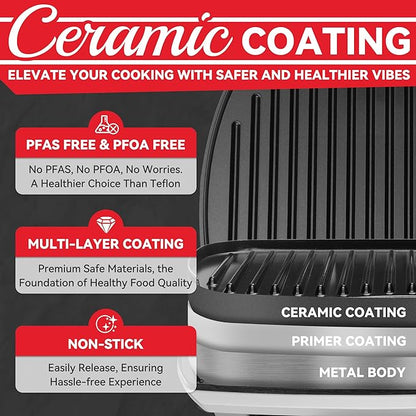 Family-sized Contact Grill, 6-Serving Electric Indoor Grill with Adjustable Temp Control, Ceramic Coating, 1500W, Silver