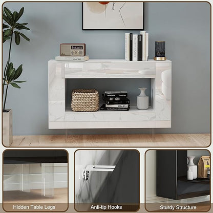 High Gloss Console Table with Hidden Side Storage Cabinets, Adjustable Shelves, Modern Entryway Sofa Table for Behind The Couch, Living Room, Hallway, White