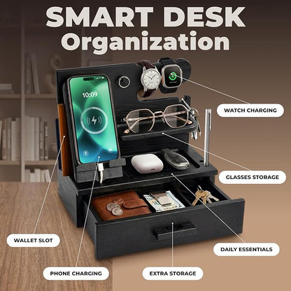 TESLYAR Wood Phone Docking Station with Drawer - Nightstand Organizer - Desk Organizer for Husband - Birthday Gifts for Men, Dad, Anniversary Idea, Key Holder Stand Watch & Accessories (Granite Black)