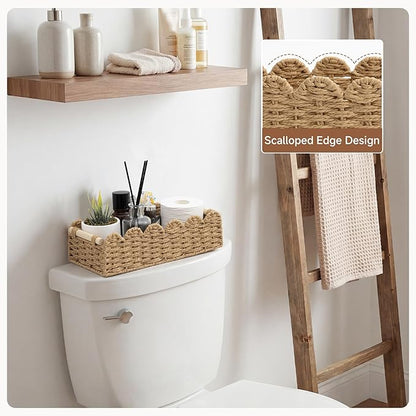 StorageWorks Toilet Paper Storage Basket, Living Room Organizers and Storage, Toilet Paper Basket with Wooden Handles, Small Paper Rope Scalloped Basket, Brown