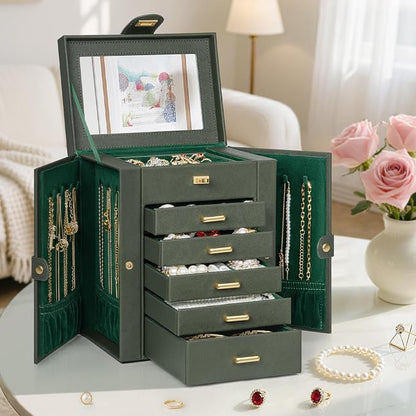 AKOZLIN 6-Tier Jewelry Box Organizer Functional 5 Drawers Leather Jewelry Storage Case for Women Girls Ring Necklace Earring Bracelet Holder Organizer with Mirror DrakGreen Regular