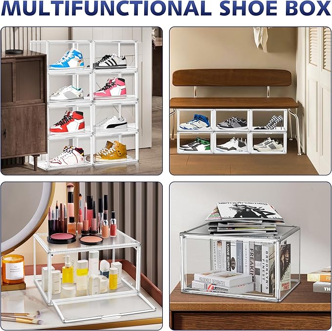 12 Pack Clear Shoe Boxes for Sneakers, Size 12 Acrylic Shoe Storage Under Bed Stackable Handbag Organizer with Magnetic Lid Collection Acrylic Display Case