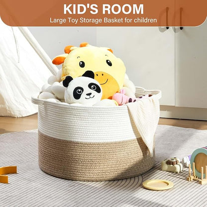Foldable Laundry Hamper Basket with Collapsible Handle Cotton Rope Soft Woven Fabric Storage Organizer Clothes Toys Nursery Bedroom Dorm Space Saving Bin (White & Brown, 80L(21.7"D x 13.8"H))