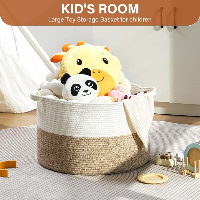 Foldable Laundry Hamper Basket with Collapsible Handle Cotton Rope Soft Woven Fabric Storage Organizer Clothes Toys Nursery Bedroom Dorm Space Saving Bin (White & Brown, 115L(23.6"D x 15.7"H))