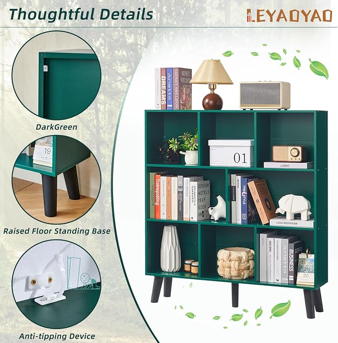 LEYAOYAO 8 Cube Bookshelf,3 Tier Bookcase with Legs,Dark Green Mid-Century Modern Bookshelves,Large Open Storage Organizer Shelf, Wooden Book Case