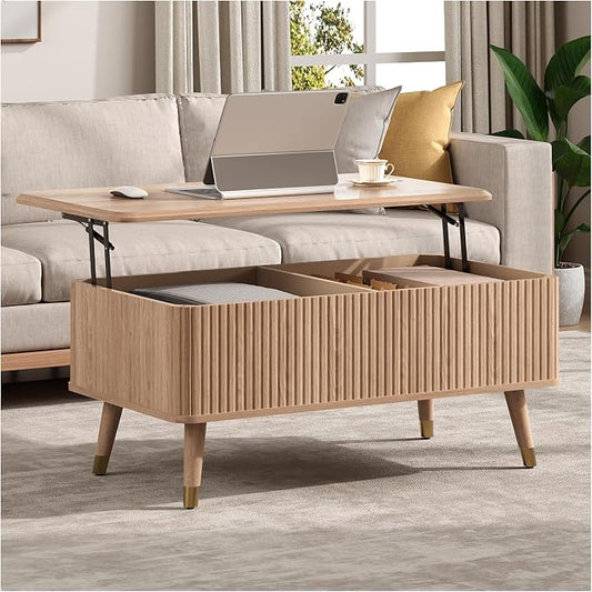 Lift Top Coffee Table with Storage, Mid Century Modern Coffee Table with Solid Wood Legs, 38" Minimalist Fluted Center Table for Living Room, Home Office, Natural Oak