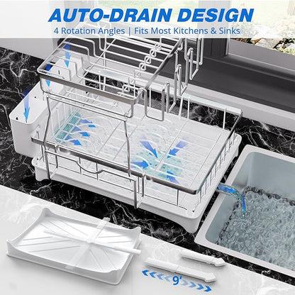 Godboat Dish Drying Rack, 2-Tier Dish Rack with Auto-Drain & Mat, 304 Stainless Steel Dish Racks for Kitchen Counter, Dish Drainer with Knife, Fork & Cup Rack, Gifts for Women, Mothers Day, Silver