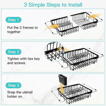 JASIWAY Black Expandable Stainless Steel Over The Sink Dish Drying Rack for Small Kitchen Counter Space Saving, Compact Plate Drainer Strainer, Adjustable Hanging Metal Dish Dryer with Utensil Holder