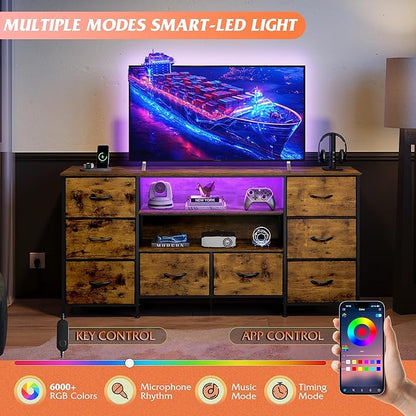 WLIVE TV Stand Dresser for 65,70 inch TV, Entertainment Center with LED Lights & 8 Long Fabric Drawers, Dresser TV Stand for Bedroom and Living Room, Rustic Brown