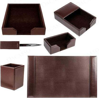 Dacasso Dark Brown Bonded Leather Luxury 6 Piece Desk Set - Blotter Pad & Desk Organization Essentials - Executive Decor and Surface Protector