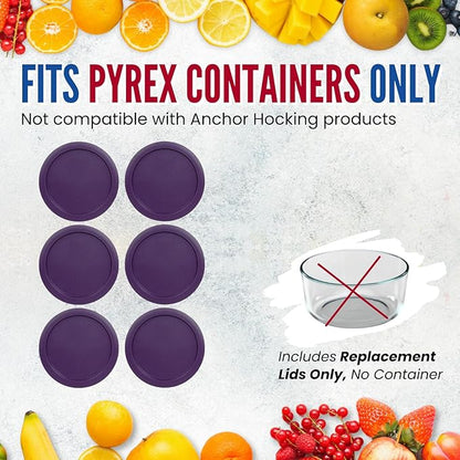 Replacement Lids fits Pyrex 4-Cup Glass Food Storage Container Bowls, 6-Inch Plastic Round Lids Covers for Pyrex 7201-PC, Airtight & Leakproof (6-Pack, Purple)
