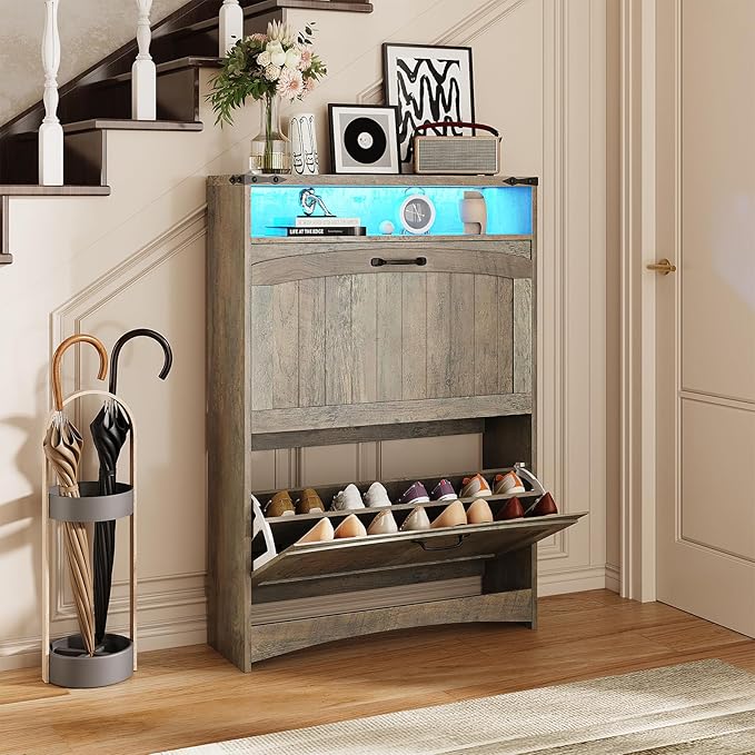 Rustic Gray Shoe Storage Cabinet, Slim Hidden Shoe Rack Organizer Cabinet, with 2 Flip Drawers & Open Storage & RGB Lights, for Entryway, Front Door Entrance, Hallway