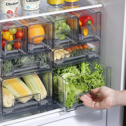 Pull Out Clear Fridge Organizer Drawers with Drainer, Refrigerator Stackable Storage Bins for Kitchen Fruit & Veggie Organization (2PCS, Medium)