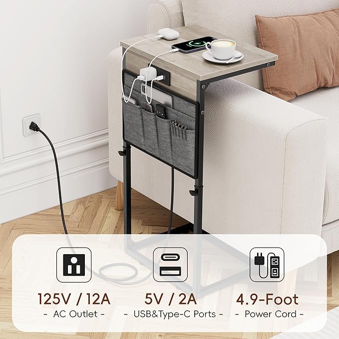 Vagusicc C Shaped End Table with Charging Station, 33"Tall C Table End Table Adjustable Height Side Table for Couch, Sofa Table Slide Under Couch Table TV Tray Arm Table for Living Room, Bedroom, Grey