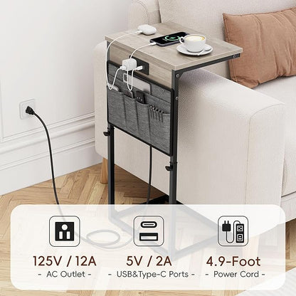 Vagusicc C Shaped End Table with Charging Station, 33"Tall C Table End Table Adjustable Height Side Table for Couch, Sofa Table Slide Under Couch Table TV Tray Arm Table for Living Room, Bedroom, Grey