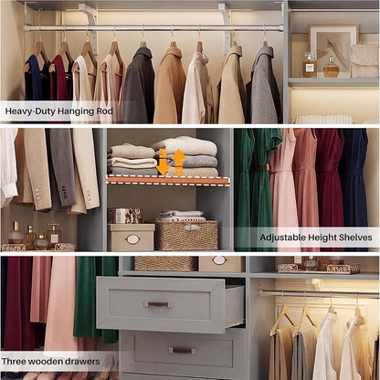8FT Closet System with 3 Curved Drawers, 96'' Wooden Walk-in Closet Organizer with 3 Top Shelves, Adjustable Organizer System with 3 Hanging Rods, Built-in Wardrobe Storage Rack for 4-8 ft, Grey