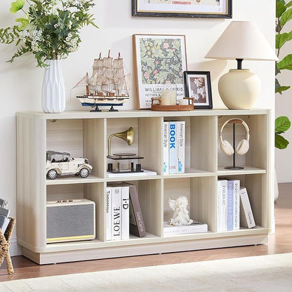 8 Cube Storage Bookcase, 52" Long Horizontal Book Shelf w/Curved Edge, Wood Low 2-Tier Cubby Console Bookshelf with Base, Modern Floor Standing TV Stand for Living Room, Grey-White Cream Oak