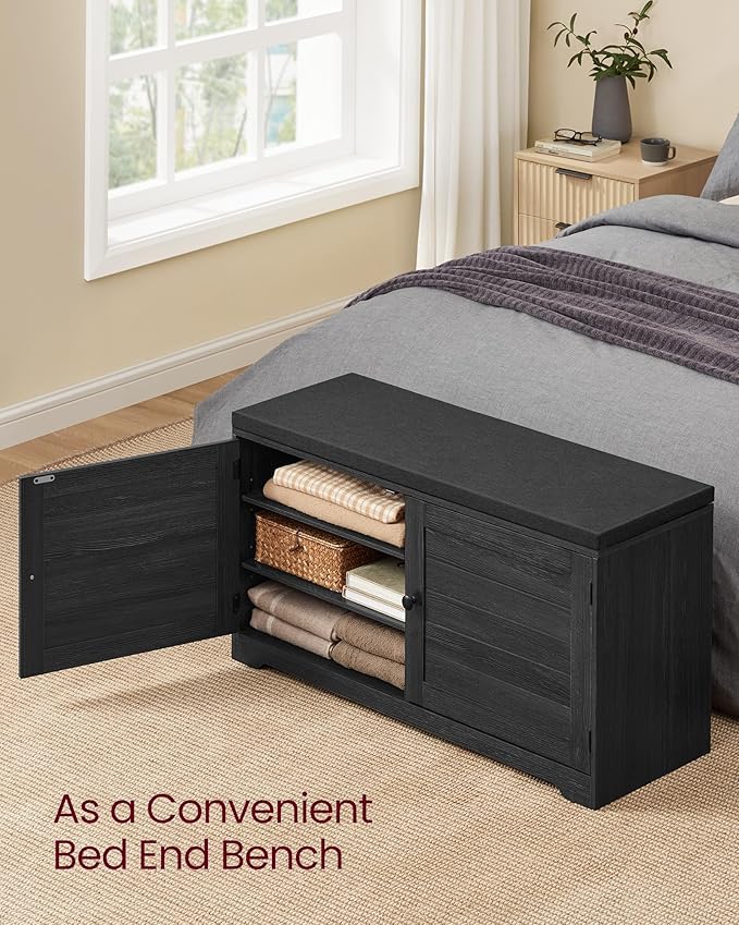 VASAGLE Shoe Storage Bench with Cushion, 3-Tier Entryway Bench with Padded Seat, Doors, Adjustable Shelves, 14 x 39.8 x 20.7 Inches, for Hallway, Bedroom, Charcoal Gray and Ink Black ULSB044B01