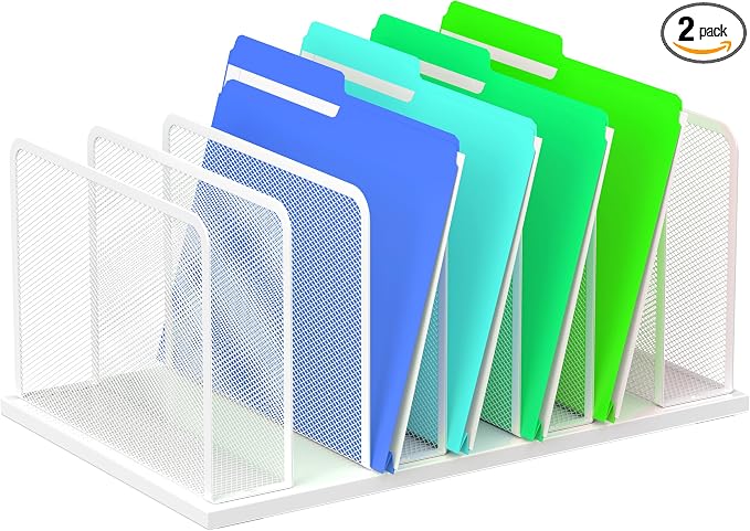 Kuntine.B Desk File Organizer Upright Mesh Desktop Organizer File Sorter Office Organization File Holder for Home, Office & Classroom (White, 1 Pack 7-Section)