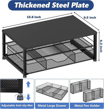 OPNICE Desk Organizer and Accessories, 2-Tier Computer Monitor Stand Riser with Drawer and 2 Pen Holders, Laptop Stand, Office Desk Accessories for Office Supplies, Black