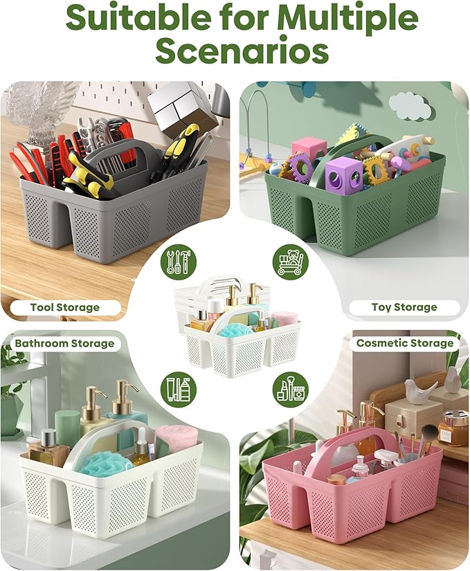 4 Pack Portable Shower Caddy, Integrated Handle, Reinforced Plastic, Quick-Dry Ventilation Holes, Multi-purpose Storage Basket for Home, Dorm and Bathroom, Kitchen, White