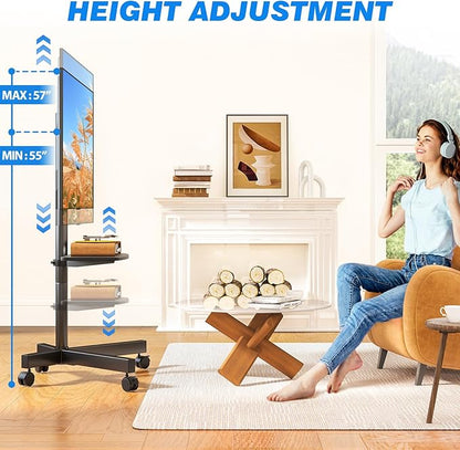 Rfiver Mobile TV Stand for 23-65 Inch LCD LED Flat/Curved Panel Screen TVs up to 88 lbs, Rolling TV Stand with Adjustable Shelf & Tilt, Portable Floor Stand on Wheels for Bedroom, Living Room, Office