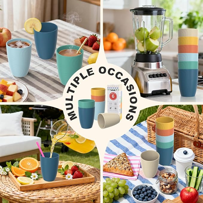Wheat Straw Cups, Plastic Cups Reusable, Unbreakable Drinking Glasses Set of 6, Plastic Cups for Kitchen Camping Outdoor, 16 OZ Dishwasher Safe Tumblers & Water Glasses, Multi