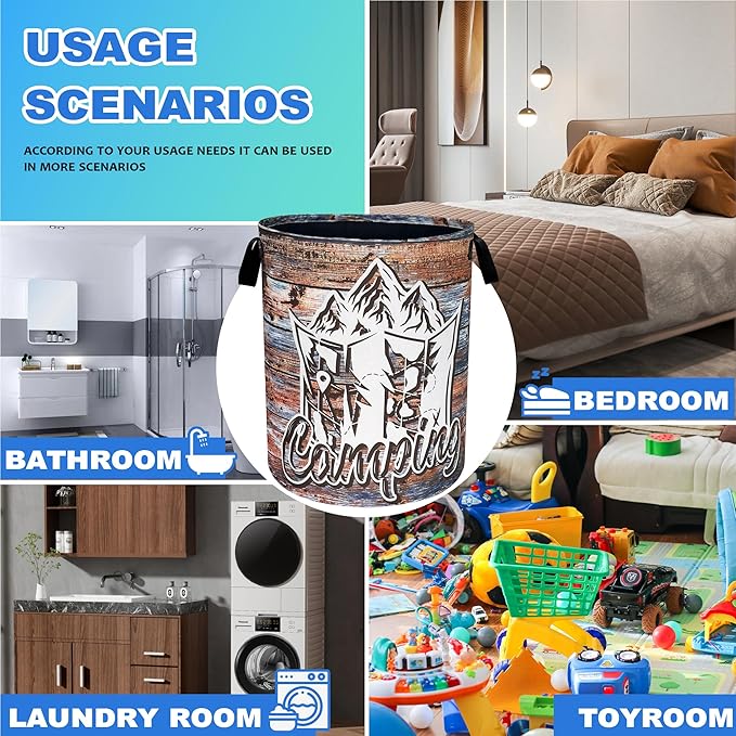 Camping Laundry Basket Oxford Cloth Funny Mountain Camper Laundry Hamper With Handle Foldable Portable Clothes Storage Basket 18.9 X 16.5 Inch Storage Bag For Laundry Room/Bathroom/Bedroom/Dormitories