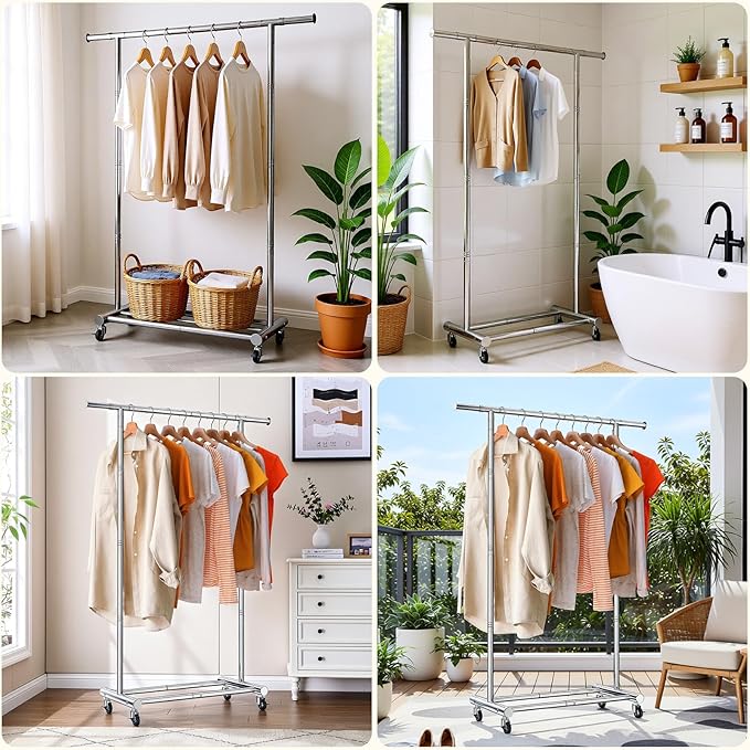 TigerParty Clothes Rack for Hanging Clothes, Sturdy Stainless Steel Clothing Rack, Extendable & Adjustable Rolling Garment Rack with Wheels for Bedroom Laundry Living Room
