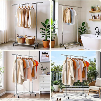 TigerParty Clothes Rack for Hanging Clothes, Sturdy Stainless Steel Clothing Rack, Extendable & Adjustable Rolling Garment Rack with Wheels for Bedroom Laundry Living Room