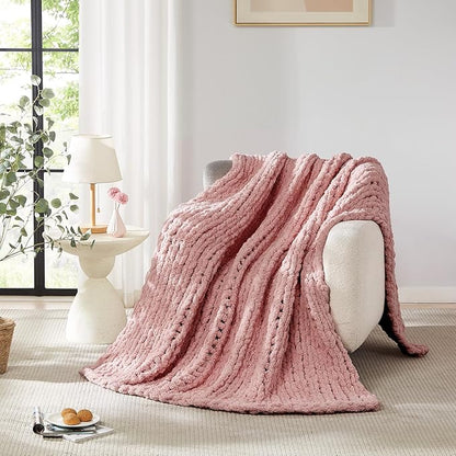 L'AGRATY Chunky Knit Blanket Throw: 72''x84'' Chenille Chunky Knitted Throw Blanket for Bed Couch - Handmade Thick Big Cable Knit Blanket - Large Crochet Blankets for Home Decor(Rose Pink)