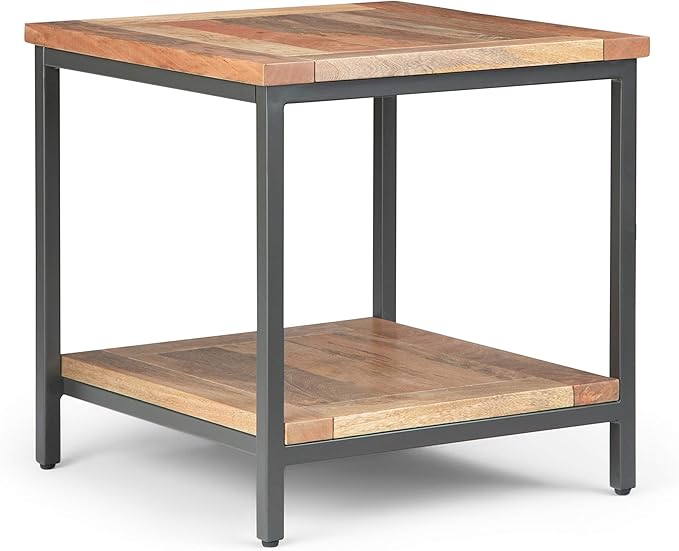 SIMPLIHOME Skyler End Table - 22 inch Wide Solid Mango Wood and Metal Side Table in Natural, Industrial Accent Table for Living Room or Bedroom with Open Storage Shelf, Assembled