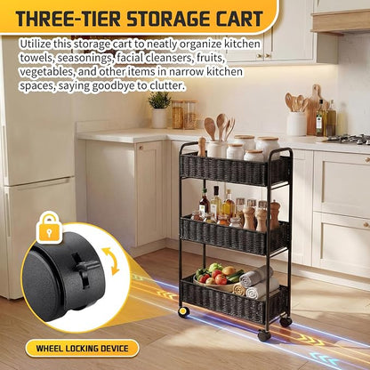 FOCHIER F Utility Slim Storage Cart,3-Tier Rolling Kitchen Office Laundry Room Cart,Mobile Shelving Unit Organizer for Living Room Bathroom Baby Diaper Narrow Places (Black, 3 Tiers-7.1 inch (W))